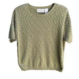 Alfred Dunner Vintage Womens Olive Diamond Knit Preppy Short Sleeve Sweater M